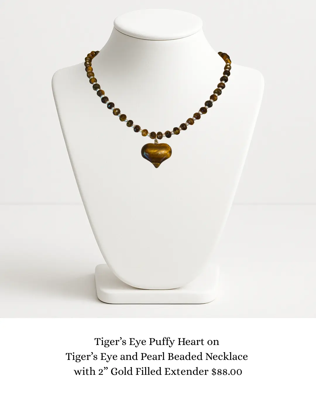 Tiger's Eye Puffy Heart on Tiger's Eye and Pearl Beaded Necklace sara & frannie jewelry