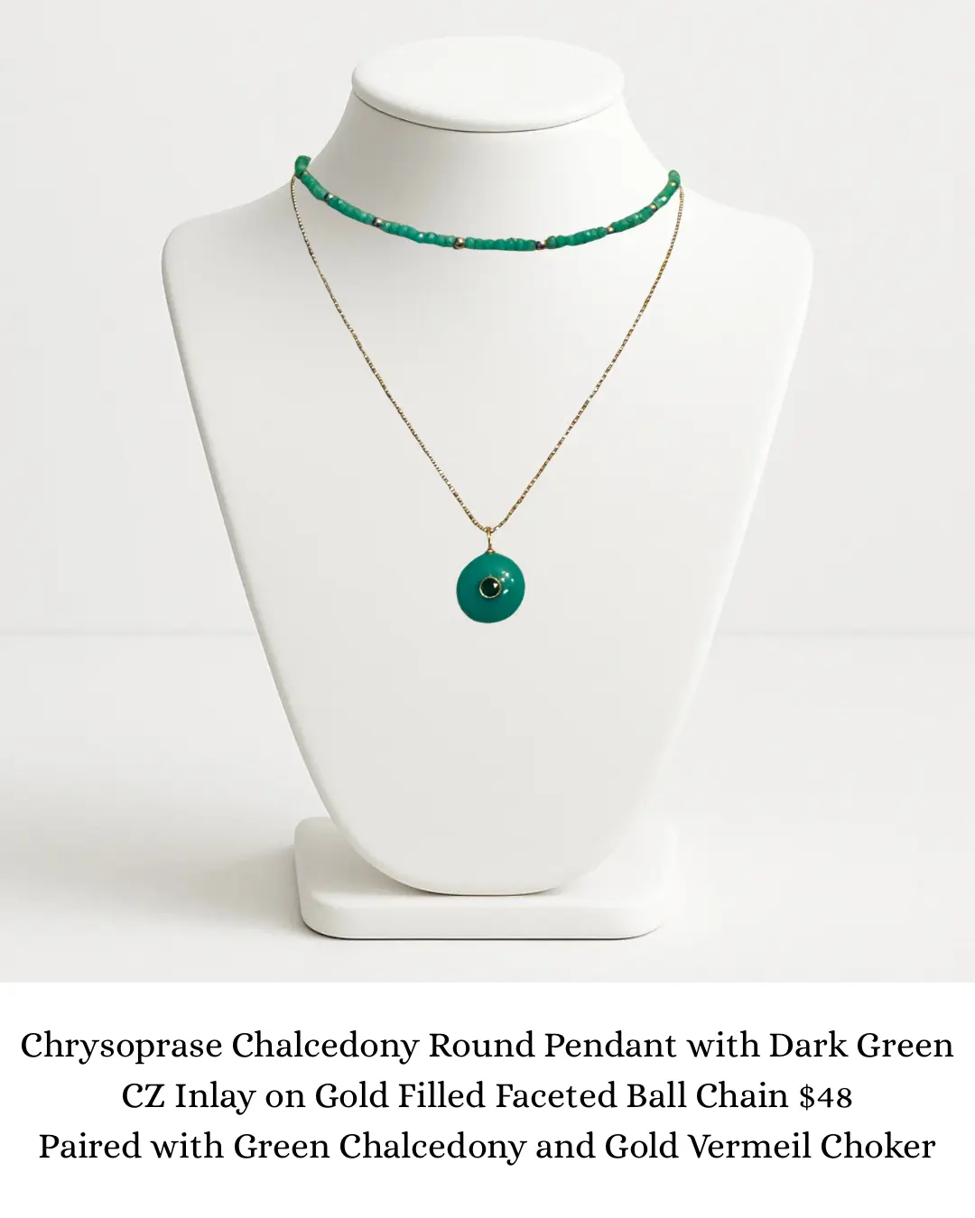Chrysoprase Chalcedony Round Pendant on Gold Filled Chain sara & frannie jewelry