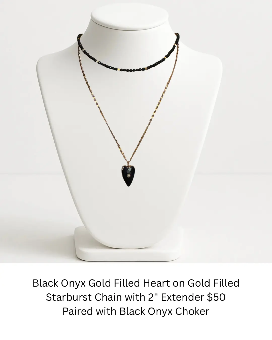 Black Onyx Gold Filled Heart on Gold Filled Starburst Chain sara & frannie jewelry