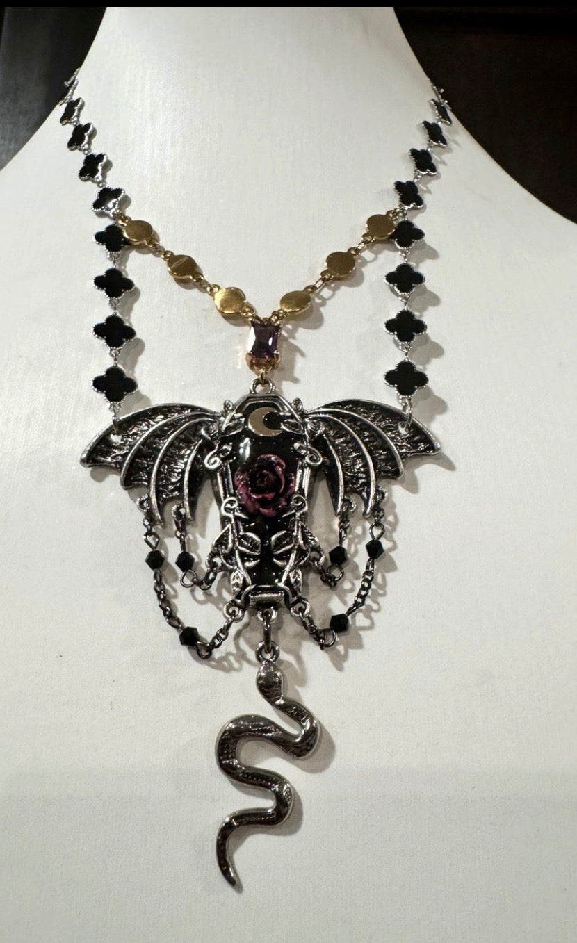 Midnight Rose Bat & Serpent Necklace
