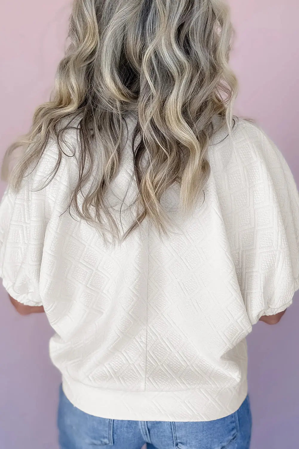 White Contrast Striped Collar Patchwork Textured Half Sleeve Blouse KCOlivia