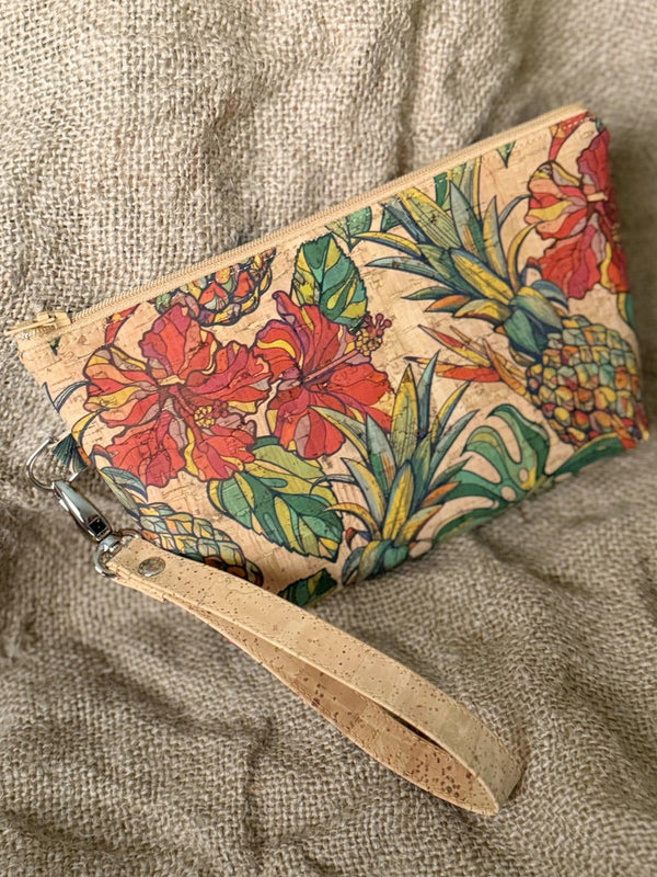 Red Hibiscus and Pineapple Cork Wristlet