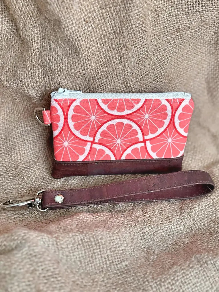 Small Pink Grapefruit Print Business & Credit Card Zip Wristlet Conch Couture