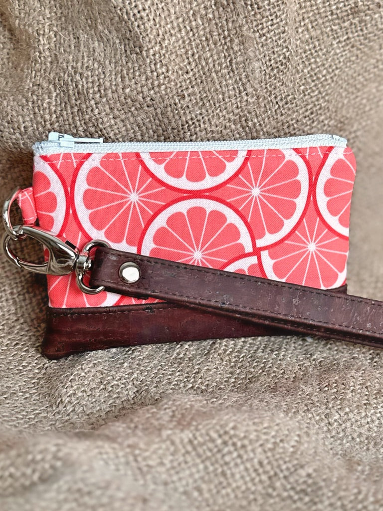 Small Pink Grapefruit Print Business & Credit Card Zip Wristlet Conch Couture