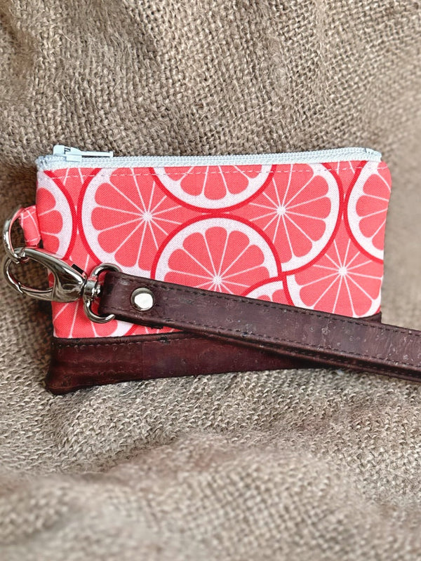Small Pink Grapefruit Print Business & Credit Card Zip Wristlet