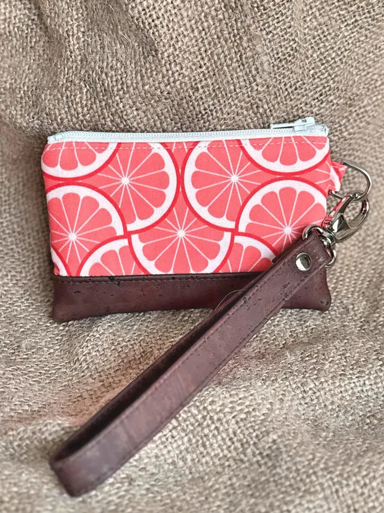 Small Pink Grapefruit Print Business & Credit Card Zip Wristlet Conch Couture