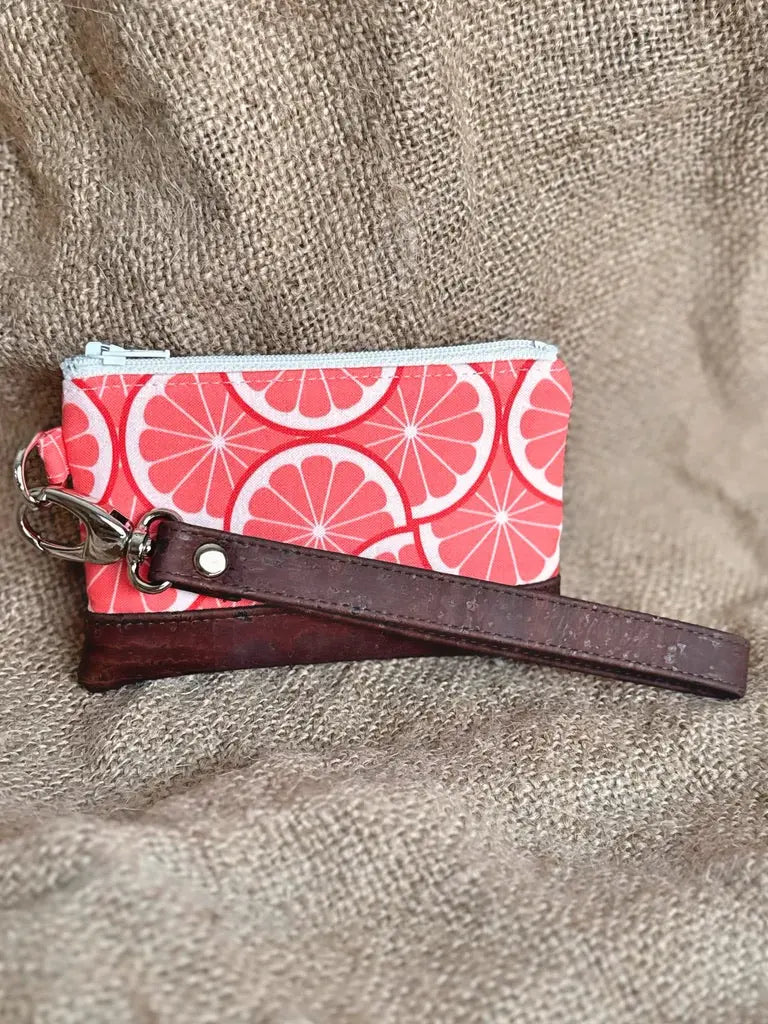 Small Pink Grapefruit Print Business & Credit Card Zip Wristlet Conch Couture