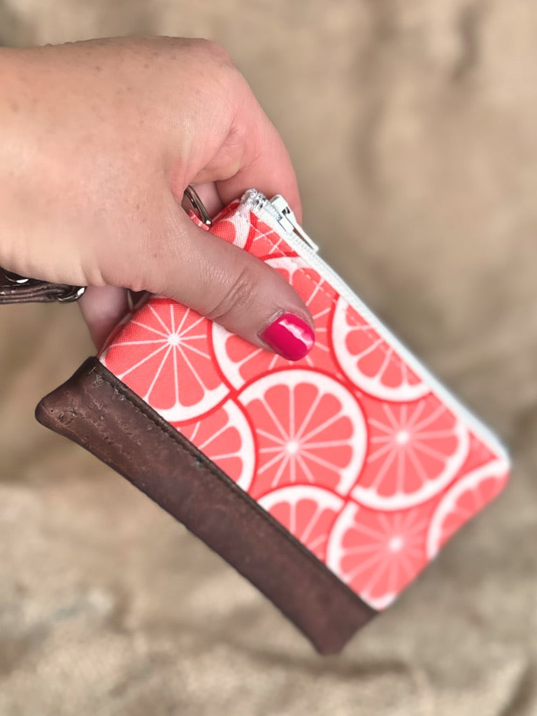 Small Pink Grapefruit Print Business & Credit Card Zip Wristlet Conch Couture