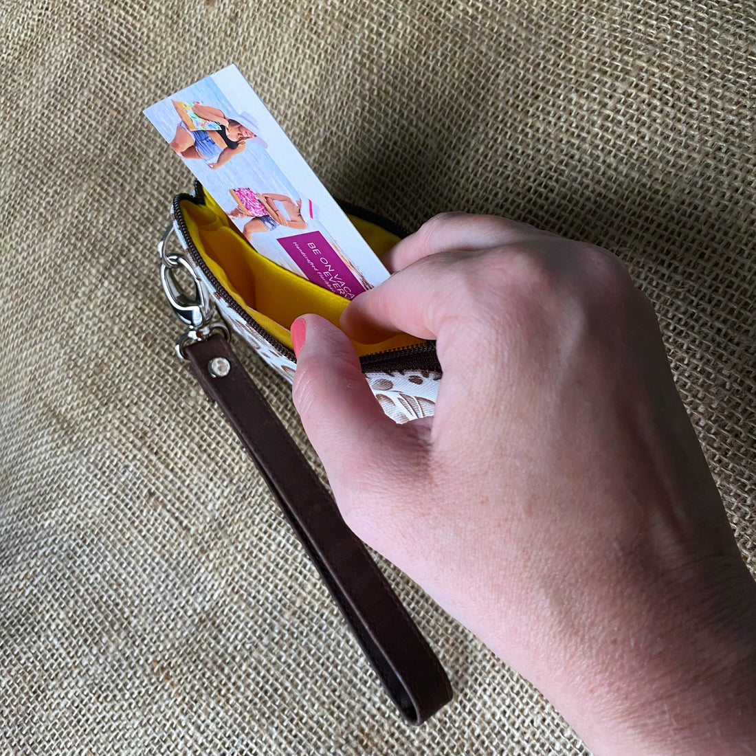 Small Brown Shell Print Business & Credit Card Zip Wristlet Conch Couture