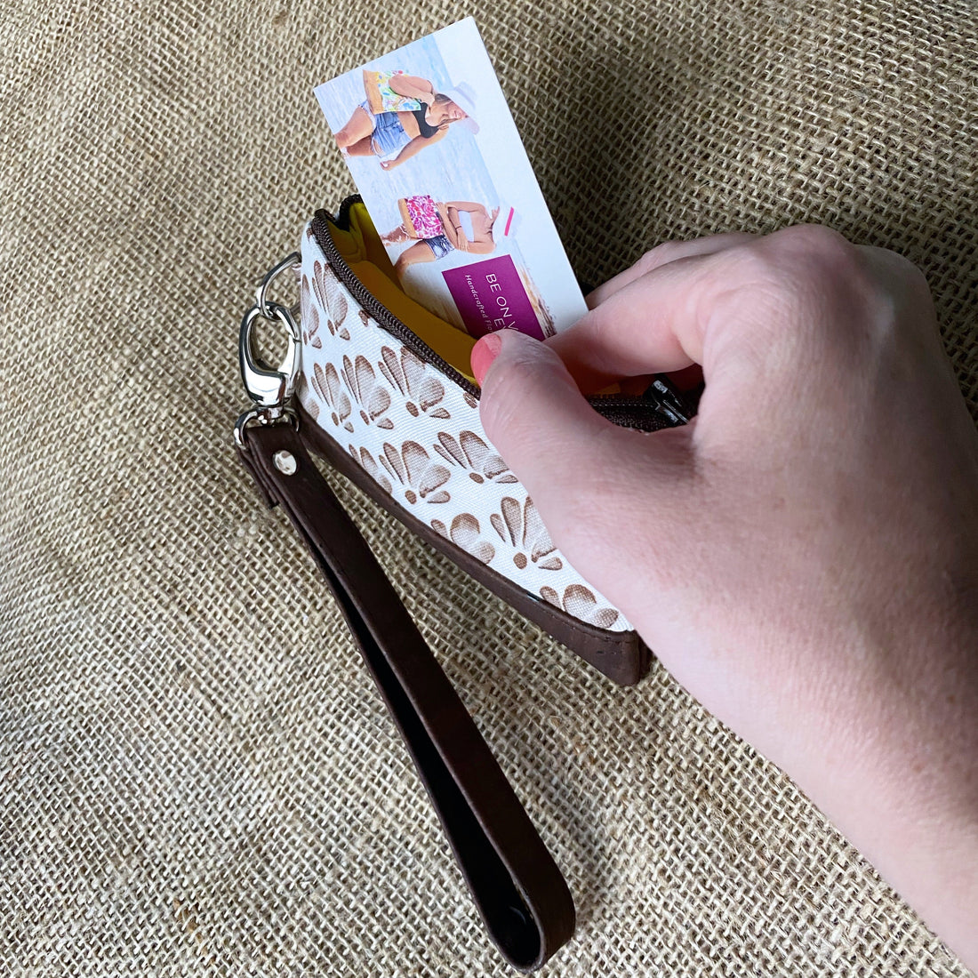 Small Brown Shell Print Business & Credit Card Zip Wristlet Conch Couture