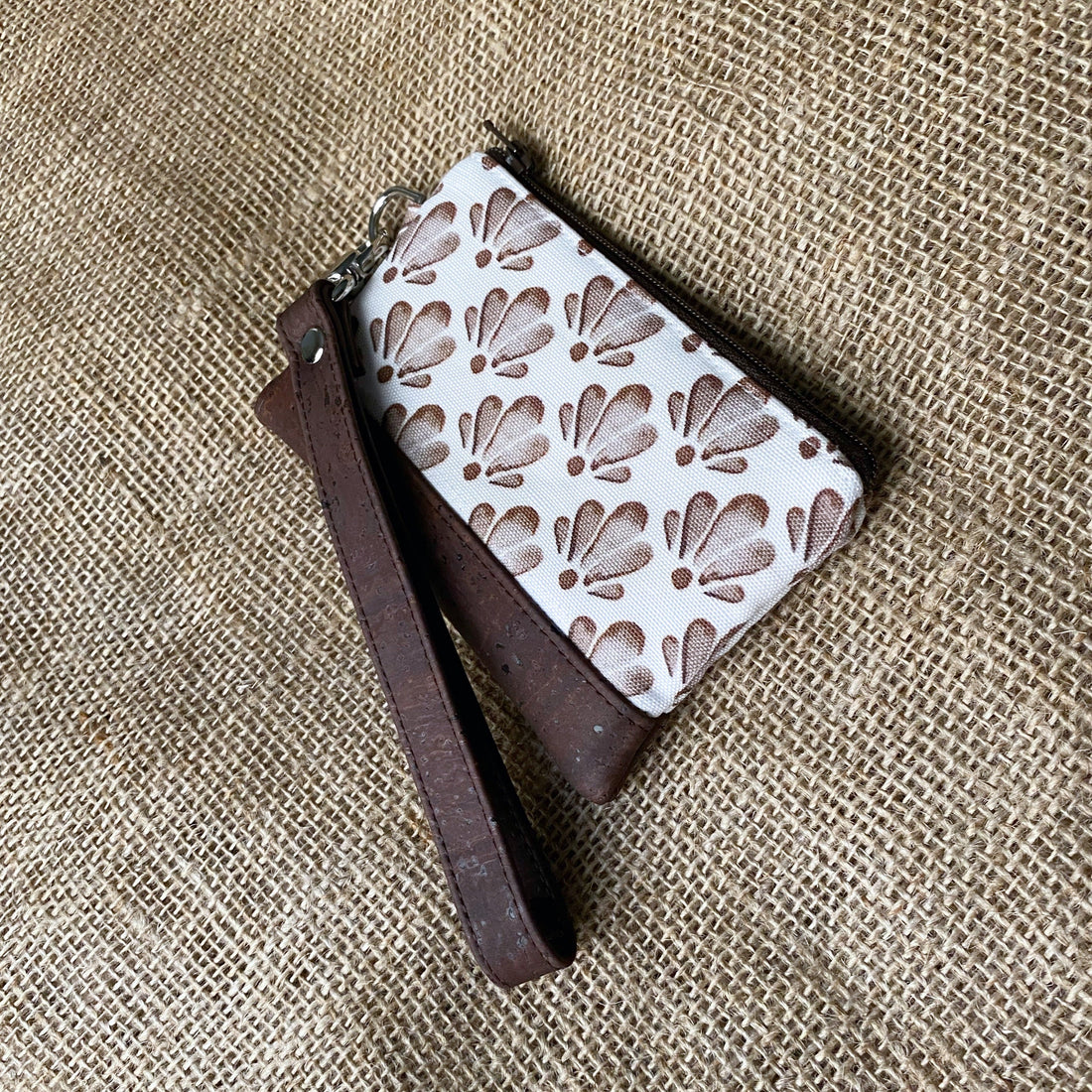 Small Brown Shell Print Business & Credit Card Zip Wristlet Conch Couture