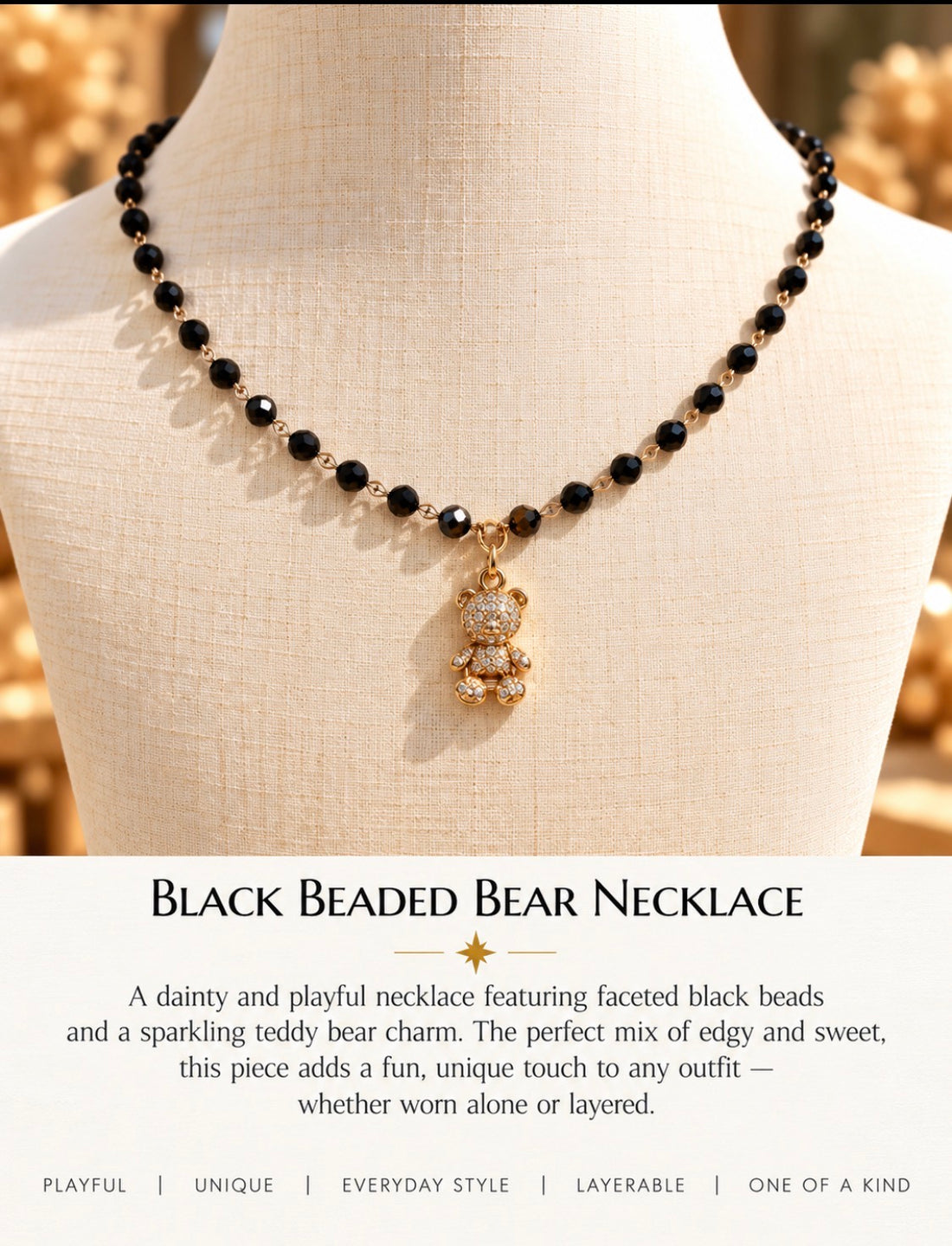 Black Beaded Bear Necklace